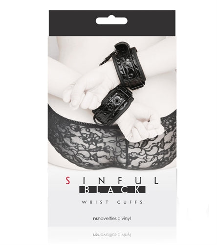 Spice Up Your Playtime with Sinful Black Wrist Cuffs - Comfortable and Adjustable Bondage Toy