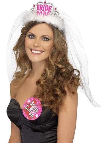 Bride to Be Tiara with White Veil and Pink Lettering: Perfect for Your Bachelorette Party!