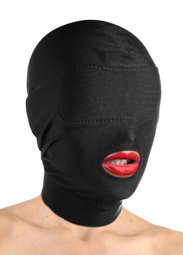 Explore New Heights of Pleasure with our Spandex Hood with Padded Blindfold and Open Mouth