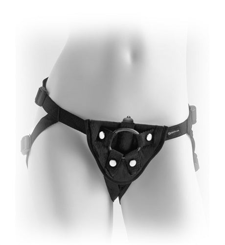 Plush Vibrating Harness with Adjustable Straps and Three O-Rings for Dildos up to 2 Inches in Diameter.