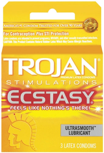 Trojan Stimulations Ecstasy Condoms: Ultra-Smooth, Snug Fit with Deep Ribs and Tapered Base for Ultimate Pleasure.