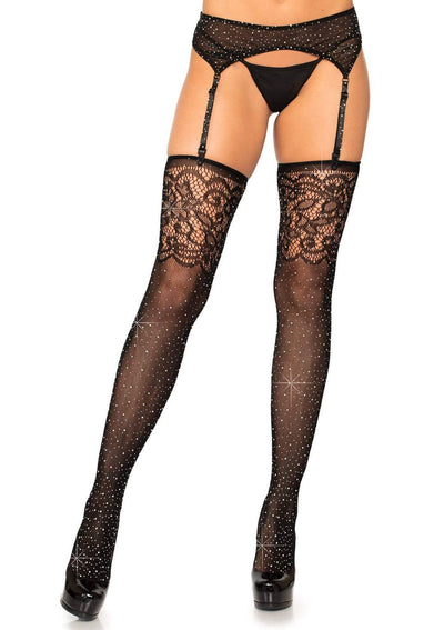 Rhinestone Fishnet Stockings with Lace Top for a Sexy and Confident Look
