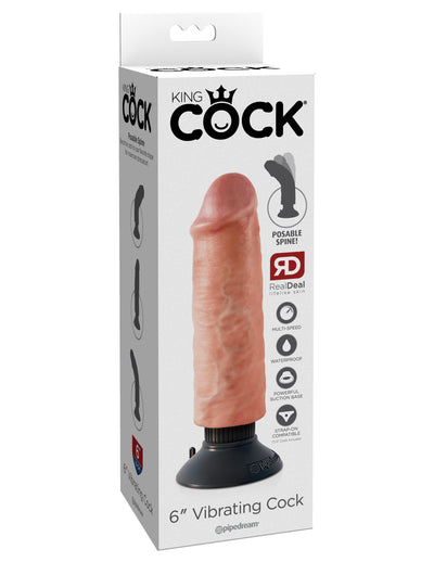 Realistic Pleasure: King Cock's Handcrafted Vibrating Dildo with Multi-Speed Settings, Waterproof Design, Suction Cup Base, and Strap-On Compatibility.