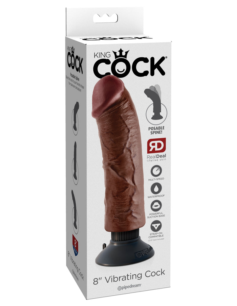 Realistic and Posable King Cock Vibrating Dildo with Suction Cup Base and Waterproof Design for Hands-Free Fun and Harness Compatibility.