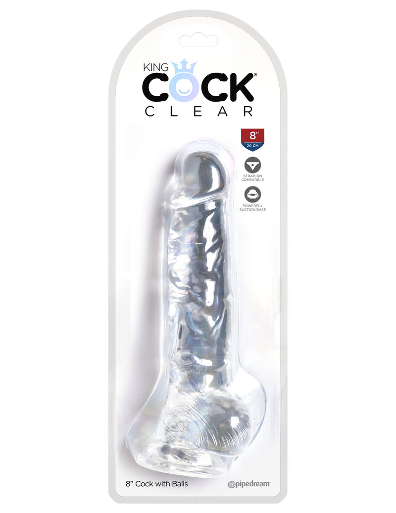 King Cock Clear 8" Dildo with Suction Cup Base for Hands-Free Pleasure and Realistic Feel.