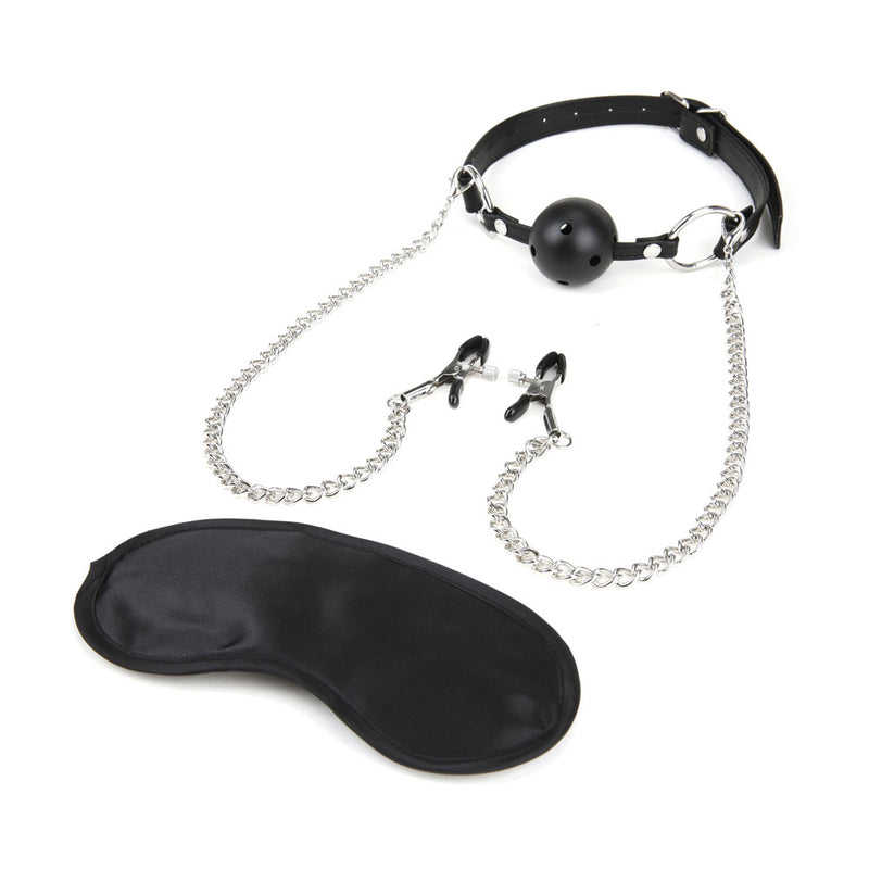 BDSM Must-Have: Breathable Ball Gag with Adjustable Nipple Clamps and Blindfold for Sensual Torture.