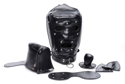 BDSM Hood and Blindfold Set for Sensory Deprivation Play and Pet Play with Lockable Collar and Mouth Gag.