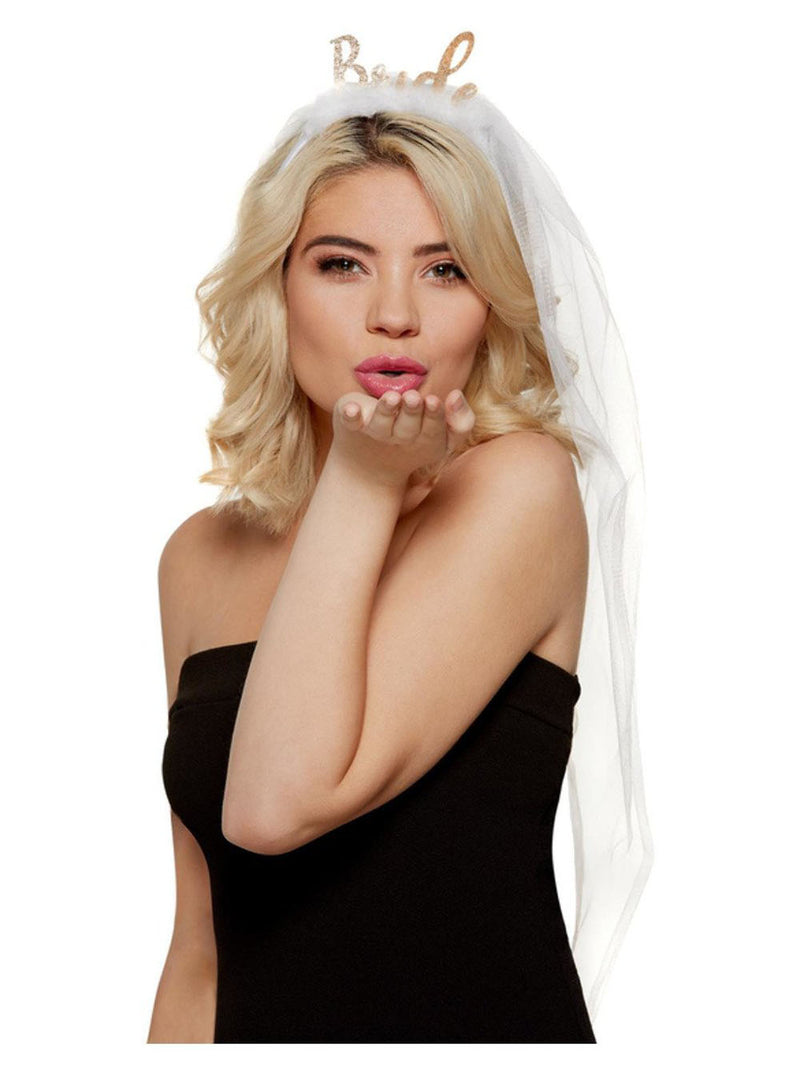 Feel Like a Queen with our White and Gold Bride Headband and Veil - Perfect for Bachelorette Parties!