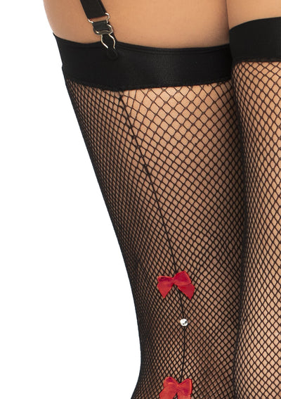 Fishnet Thigh Highs with Bow & Rhinestone Backseam for Sexy & Playful Look