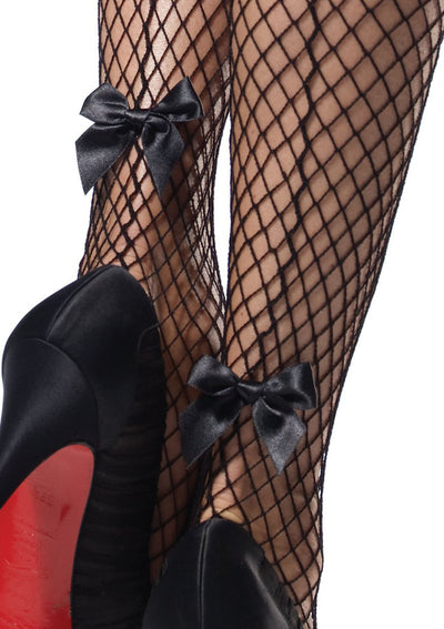 Industrial Net Backseam Thigh Highs with Lace Top and Satin Bow - Stay Up and Feel Confident All Night!