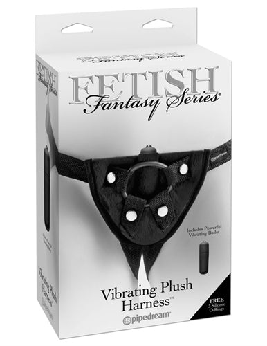 Plush Vibrating Harness with Adjustable Straps and Three O-Rings for Dildos up to 2 Inches in Diameter.