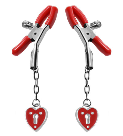 Heart-Shaped Padlock Nipple Clamps with Adjustable Pressure and Seductive Red Accents.