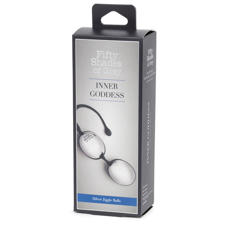 Beginner-friendly Silver Jiggle Balls for Intense Pleasure and Pelvic Floor Strengthening. Includes Fifty Shades of Grey Storage Bag.