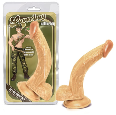 Get Ready for Pleasure with Soldier Boy: The Slim and Sexy 8-Inch Dildo with a Unique Curve, Suction Cup, and Harness Compatibility!
