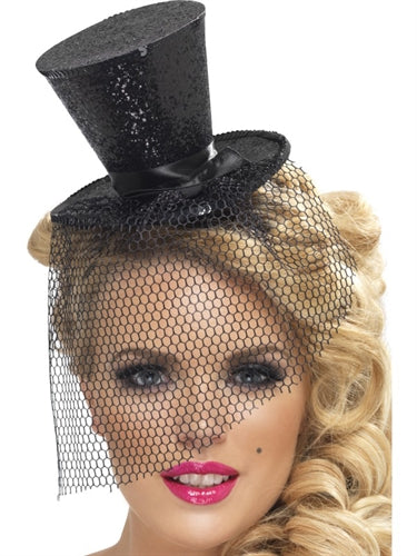 Black Glitter Mini Top Hat with Flirty Veil - Steal the Show at Parties and Boost Your Confidence!