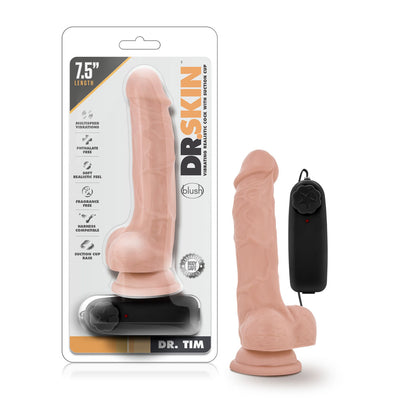 Satisfy Your Desires with Dr. Tim's Realistic 7.5 Inch Vibrating Dildo with Suction Cup Base and Harness Compatibility.