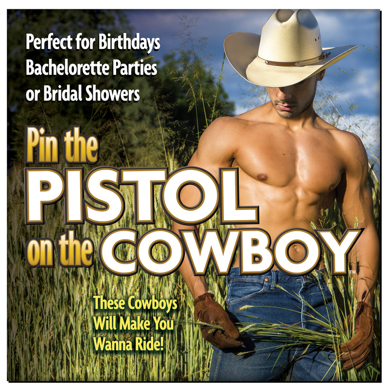 Cowboy Party Game: Pin the Pistol on the Sexy Cowboy Poster with 10 Pistols and 2 Bullets for Fun and Excitement at Your Next Get-Together!