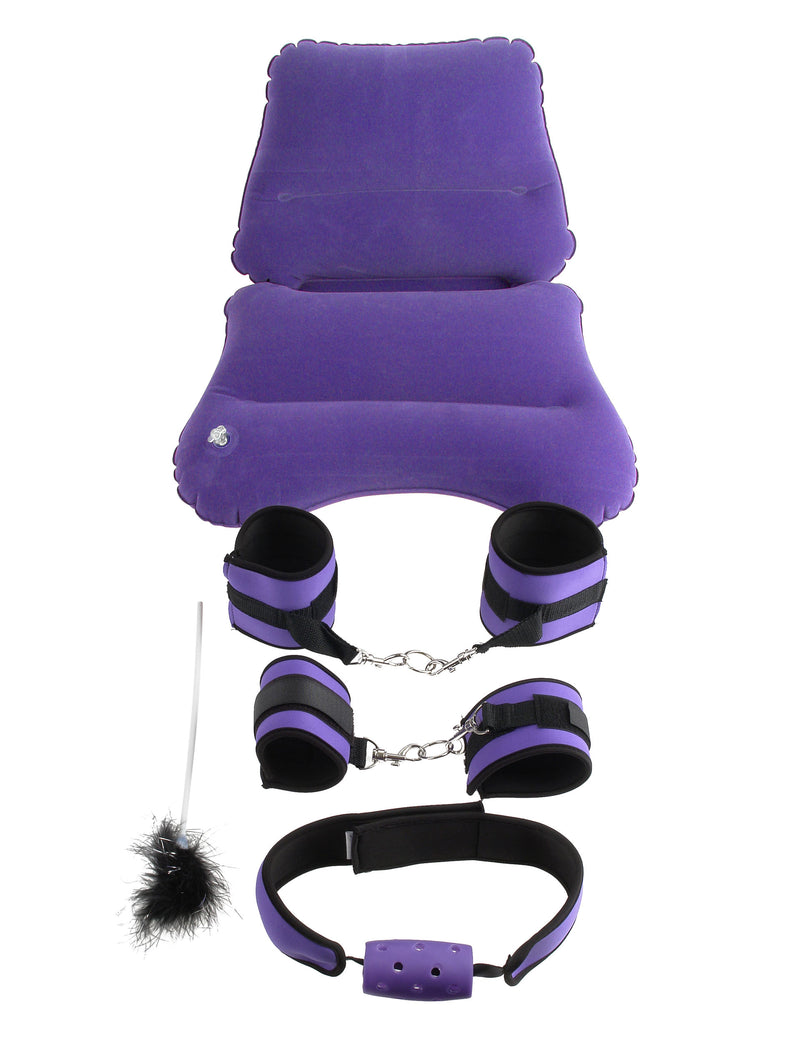 Purple Bondage & Fetish Toy Set with Cuffs, Clips, Ball Gag, Love Cushion, and Feather Streamer for Sensational Bedroom Play.
