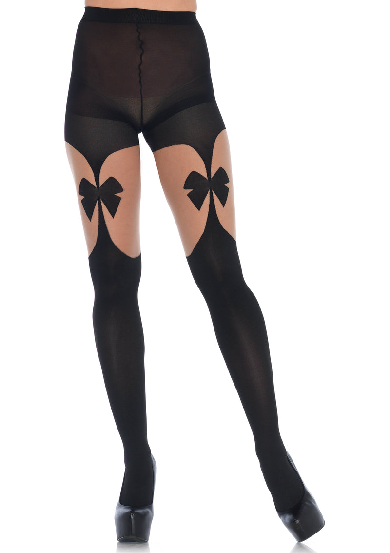 Opaque Illusion Garterbelt Tights with Front and Back Bows - Fits Most Body Types and Offers Secure and Flattering Coverage.