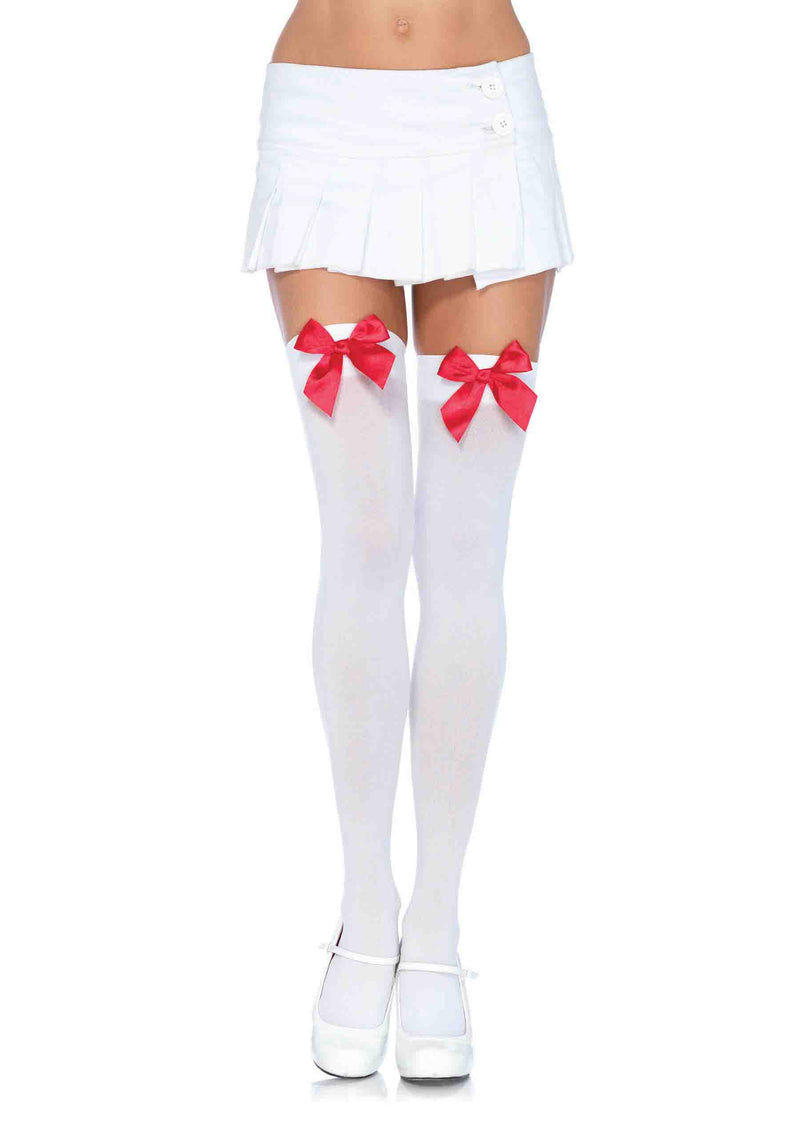 Red Satin Bow Opaque Thigh Highs: Sexy and Comfortable Nylon Over the Knee Socks for Any Occasion!