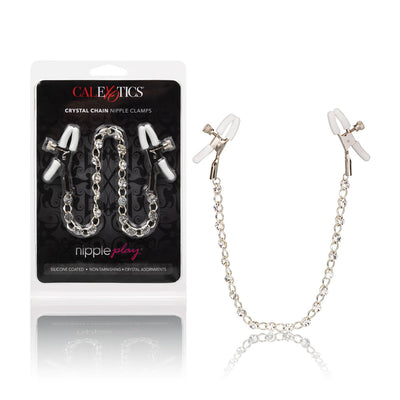 Crystal Chain Nipple Clamps with Adjustable Tension and Sparkling Crystals for Playful Pleasure and Intensified Arousal.