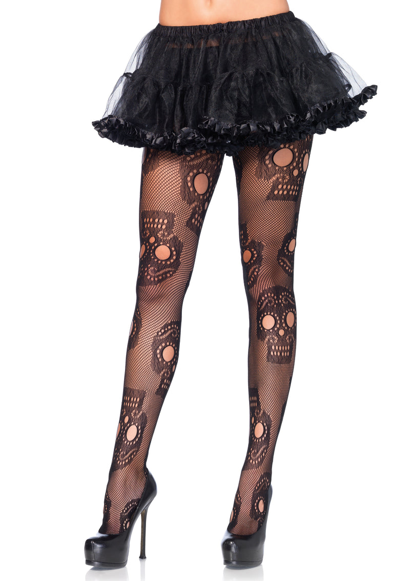 Spice up your lingerie with Sugar Skull Fishnet Pantyhose - One Size Fits Most!