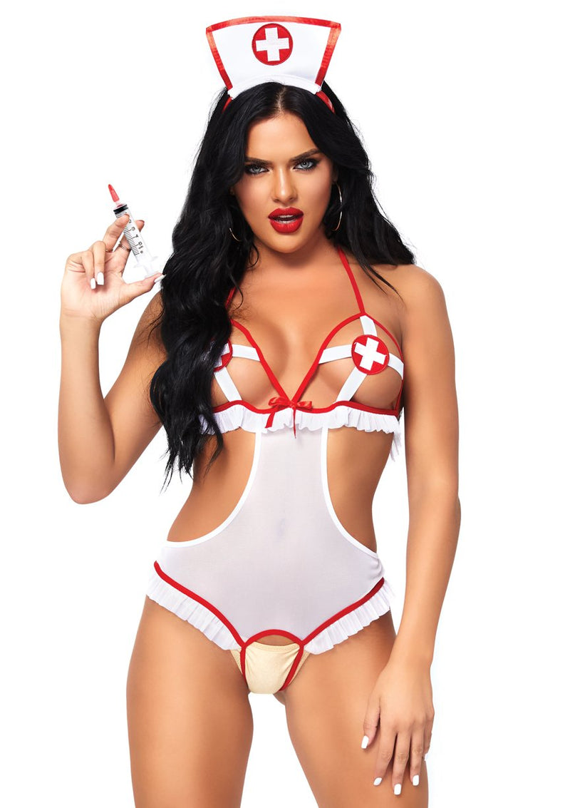 Crotchless Teddy and Hat Set - Spice Up Your Love Life with the Naughty Nurse Look!