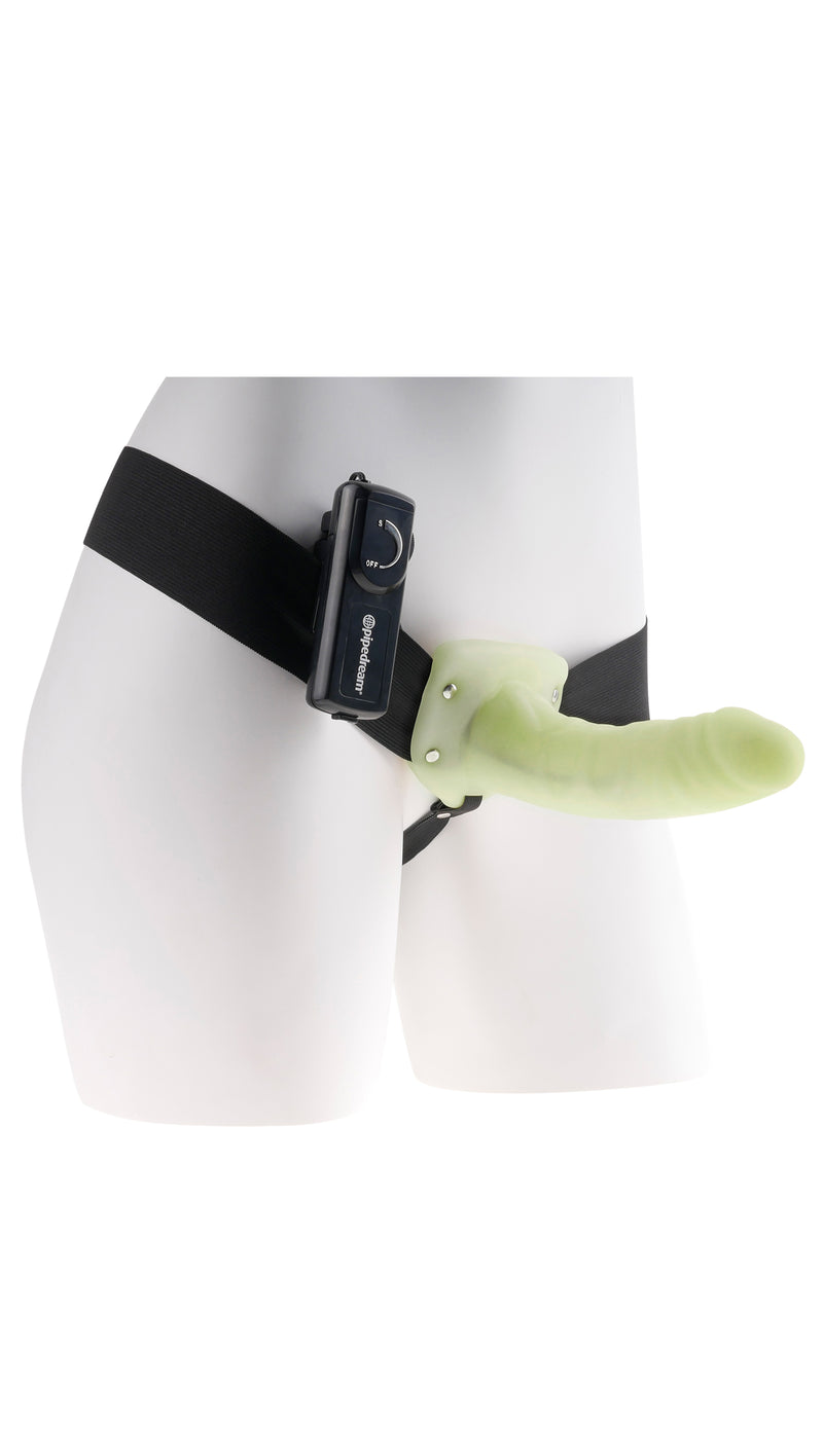 Ultimate Vibrating Hollow Strap-On: 6 Inches of Pleasure for Him or Her with Hands-Free Remote Control and Glowing Effect.