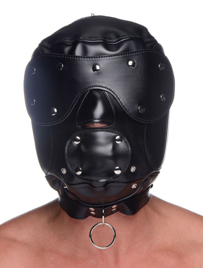 BDSM Hood and Blindfold Set for Sensory Deprivation Play and Pet Play with Lockable Collar and Mouth Gag.