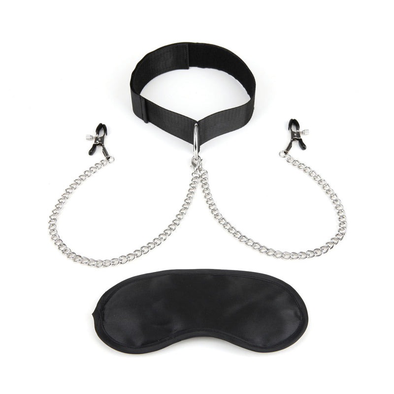 Lux Fetish Collar and Nipple Clips with Adjustable Sensation and Blindfold for Ultimate Pleasure