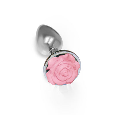 Iconic Floral Delight: Shiny Silver Rosebud Butt Plug for All-Day Bloom